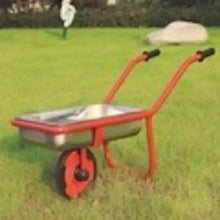 Red kids wheelbarrow with gray bin, single front wheel and curved handles