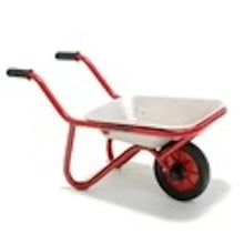 Red kids wheelbarrow with gray tray and black wheel, dual handles