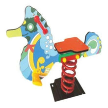 Kids fish-shaped spring rider with red coil spring and black base, colorful animal body