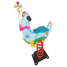 Kids fish-shaped spring rider with colorful painted body, red spring, blue seat