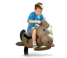 Plush spring ride-on horse toy, gray and beige with black accents