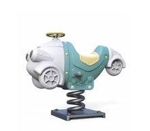 Car-shaped spring rider with white body, teal paneling, yellow seat, and black base