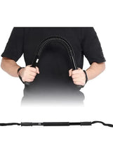 Black chest strength trainer with two hand grips and long coiled spring