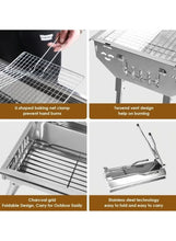 Foldable charcoal grill with wire cooking grate and stainless steel cooking body