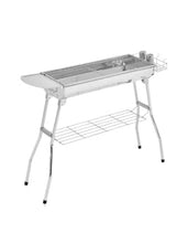 Portable stainless steel charcoal BBQ grill with two-tier racks and foldable legs