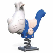Children dog spring rider with white dog body, blue seat, and black coiled spring base