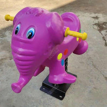 Purple elephant spring rider with cartoon eyes, yellow bar handle, and metal base
