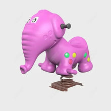 Purple elephant-shaped spring rider toy with cartoon face and seat