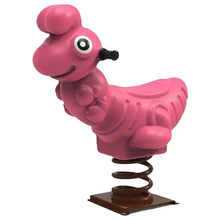 Pink caterpillar spring rider in side view with spring and brown base