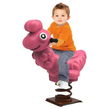 Pink caterpillar spring rider with toddler seated on molded body and spring base