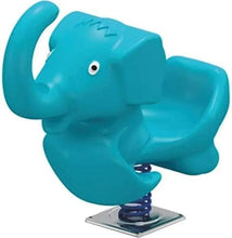 Blue elephant spring rocking rider with metal base and visible coil spring