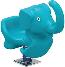 Teal-blue elephant rocker rider on metal plate with coiled spring