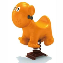 Orange cartoon dog spring rider, standing on dark spring and base