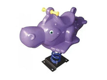 Purple hippopotamus rocking toy with spring base and handles
