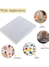 Clear plastic storage box with 56 grid compartments for jewelry, cosmetics, and parts
