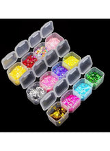 Transparent grid organizer case with lid, showing multiple colored contents in compartments