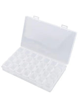 Transparent plastic storage box with open lid and 56 small grid compartments