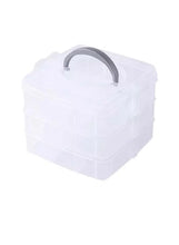 Three-layer translucent portable storage box with gray carry handle and latching top