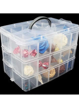 Three-layer portable storage box with transparent lid, carry handle, and grid drawers