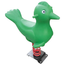 Green bird-shaped spring rider for children with red coil spring and black base