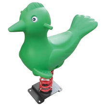 Green bird-shaped spring rider with face detail, red coil spring, and black mount base