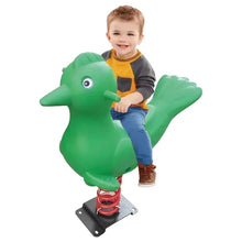 Green bird-shaped spring rider with red coil spring; child standing on seat