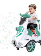 Kids electric car with white-and-green body, large front panel and rider seat