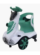 Kids electric car with white body, green detailing, front headlights, and rider seat