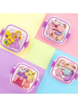 Mini erasers in clear hinged cases with princess, star, and bunny designs
