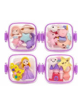 Set of mini erasers in clear hinged lunchbox cases with princess and bunny scenes