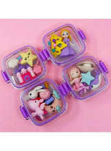 Mini eraser set close-up: clear hinged cases with princess and bunny figurines
