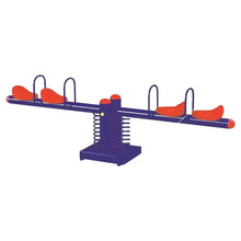 Blue metal 4-seater seesaw with four red seats and central spring support