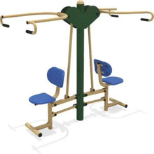 Fitness machine with green frame, blue seats, and two press-and-pull stations