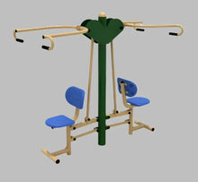 Front view fitness machine with green column, blue padded seats, and pull bars