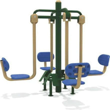 Kids four leg press trainer with green frame, blue pads, and beige foot supports