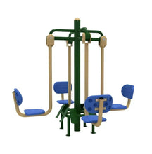 Four leg press machine for kids, green frame with beige handles and blue seats