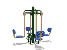 Kids four leg press machine with green frame, beige supports, and blue seats