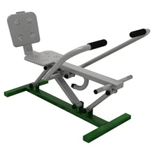 Rowing machine trainer with padded seat and footrests, green base and gray frame.