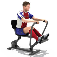 Rowing machine trainer with padded seat and curved handle; person seated in blue red outfit.