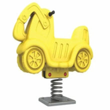 Kids yellow spring swing seat with wheel-shaped details and gray metal base