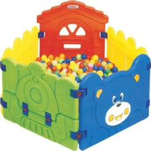 Children's playpen with colorful panels and removable ball pit, featuring bear and open front