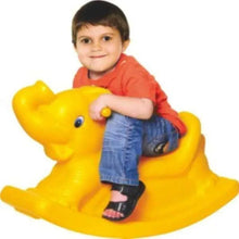 Yellow elephant-shaped rocking chair with blue eye detail and rounded base
