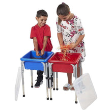 Kids water play activity station with blue and red bins and side handle