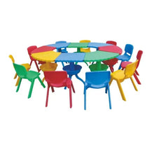 Kids plastic table set with round multicolored table and 8 chairs around