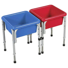 Two-piece kids water play table set with blue and red bins and white legs