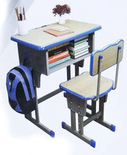 Kids adjustable study desk with storage shelf and matching chair, blue trim, wood tops