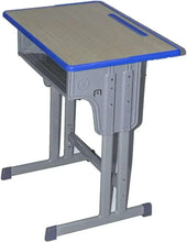 Adjustable kids desk with textured gray frame and blue edge, light wood tabletop