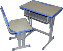 Kids desk and chair set, gray frame with blue trim, light wood surfaces, adjustable heights