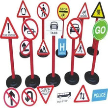 Kids traffic sign toy set with assorted warning, stop, go, police and taxi signs on bases