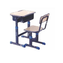 Kids adjustable study desk and chair set with beige tabletop, blue legs, dark seat frame